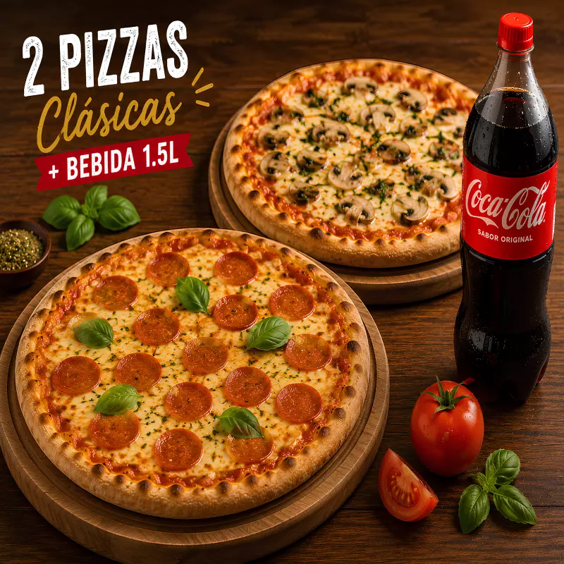 2 pizzas clasica + bebida 1.5