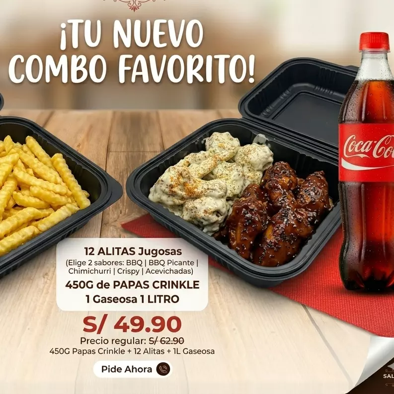 PROMO 12 ALITAS+PAPAS+GASEOSA 1LT
