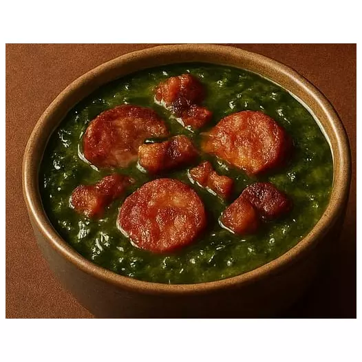 Caldo verde com bacon e linguiça