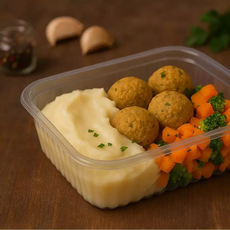 Bolinho de Soja c/ Purê e Legumes