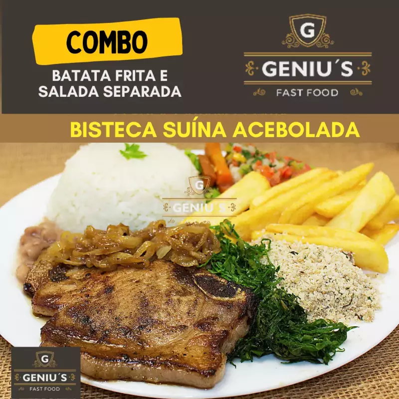 Bisteca Suína Acebolada com Couve