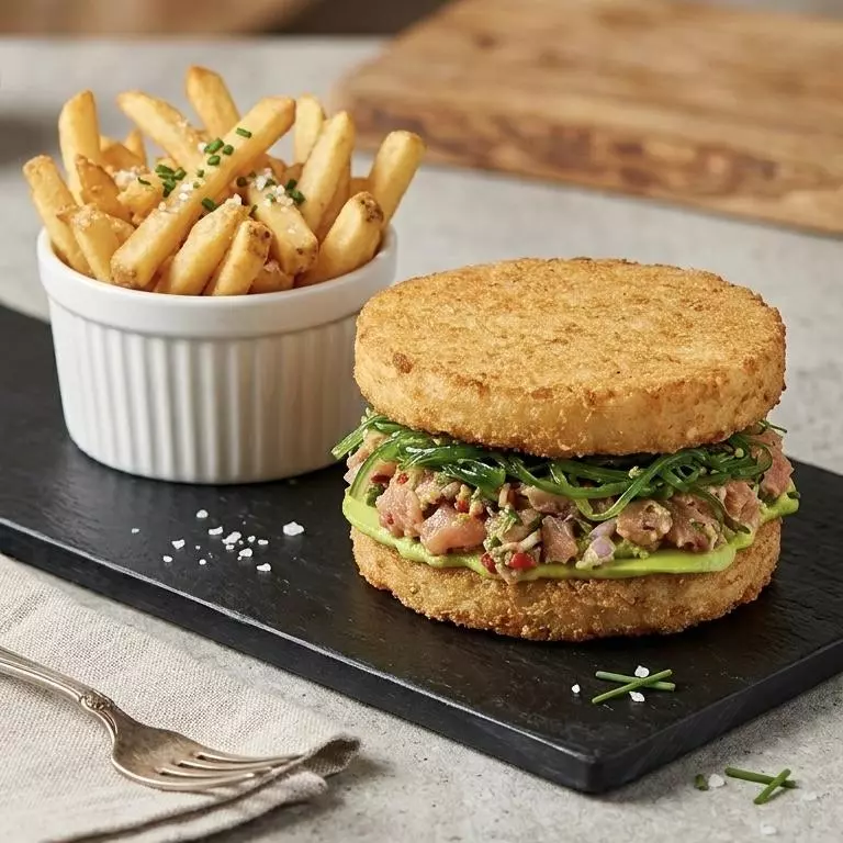 Salmon Burger + Papa fritas