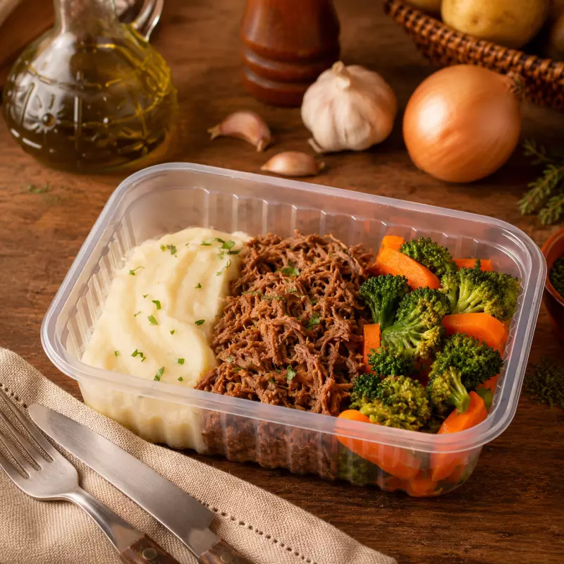 Carne Desfiada, Purê e Legumes