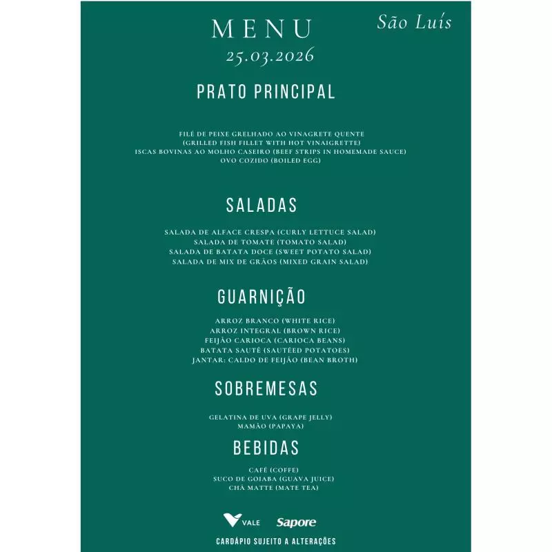 Cardápio de Quarta-feira