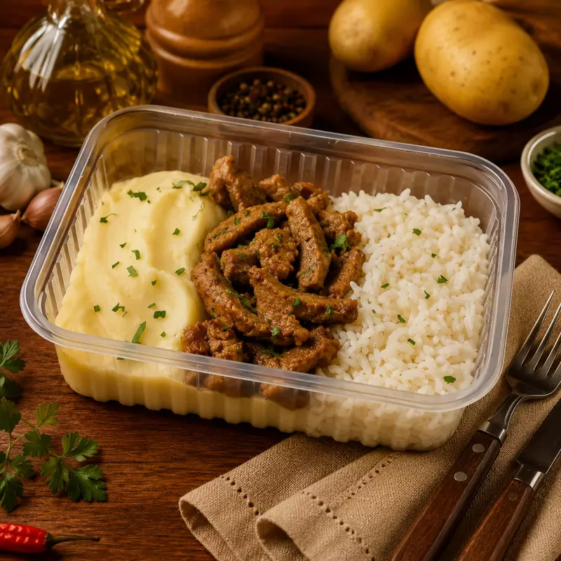 Patinho em Tiras, Purê e Arroz