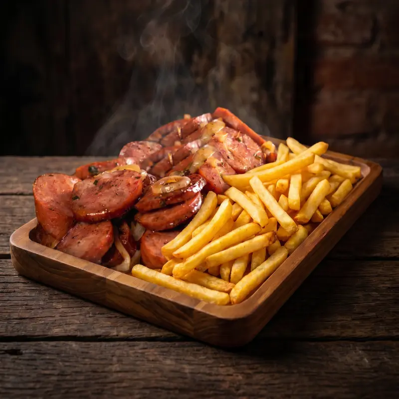 Calabresa acebolada + batata frita