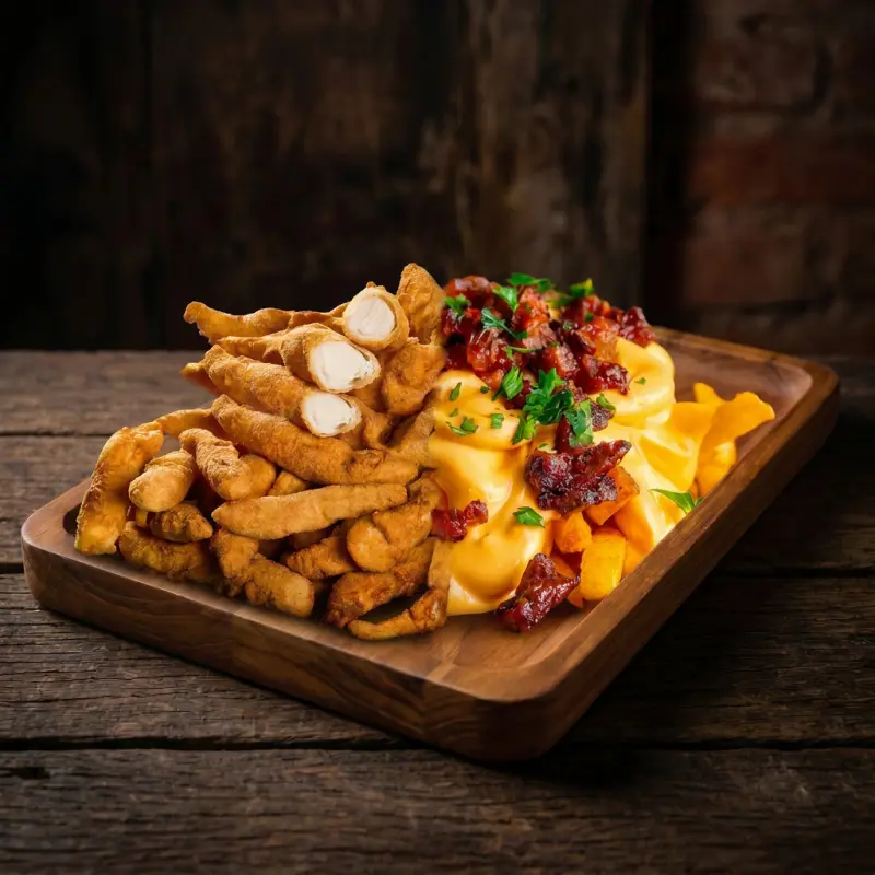 Tirinhas de frango + batata cheddar