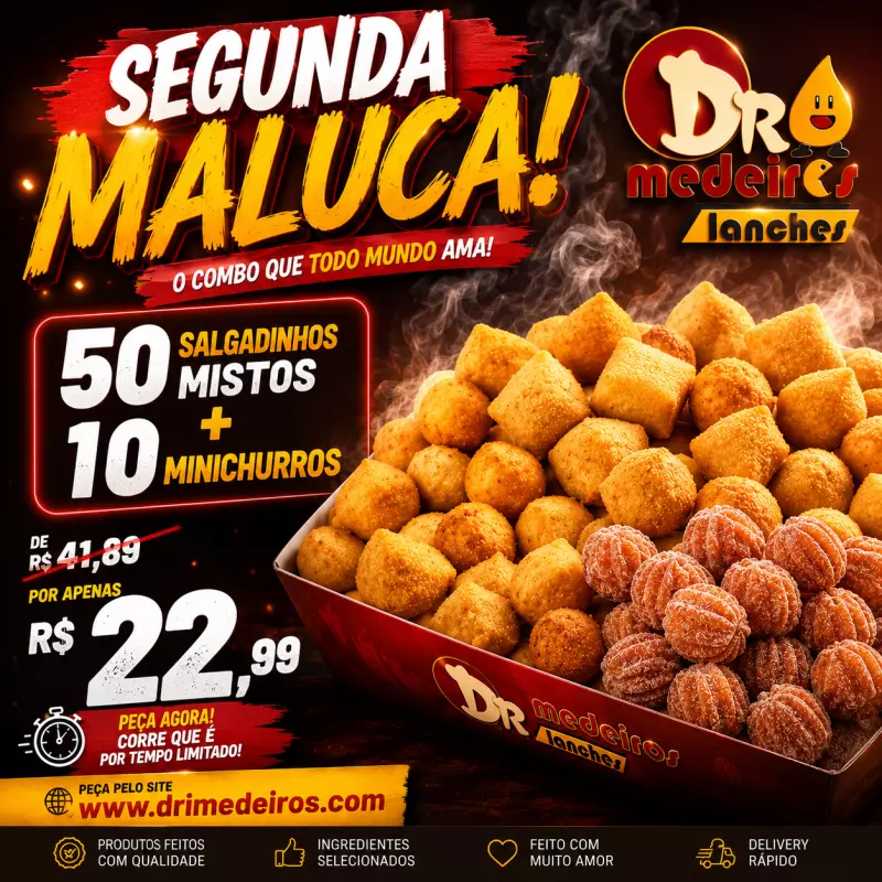 50 salgados + GRÁTIS 10 minichurros