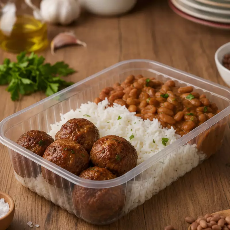 Bolinho de Carne, Arroz e Feijão