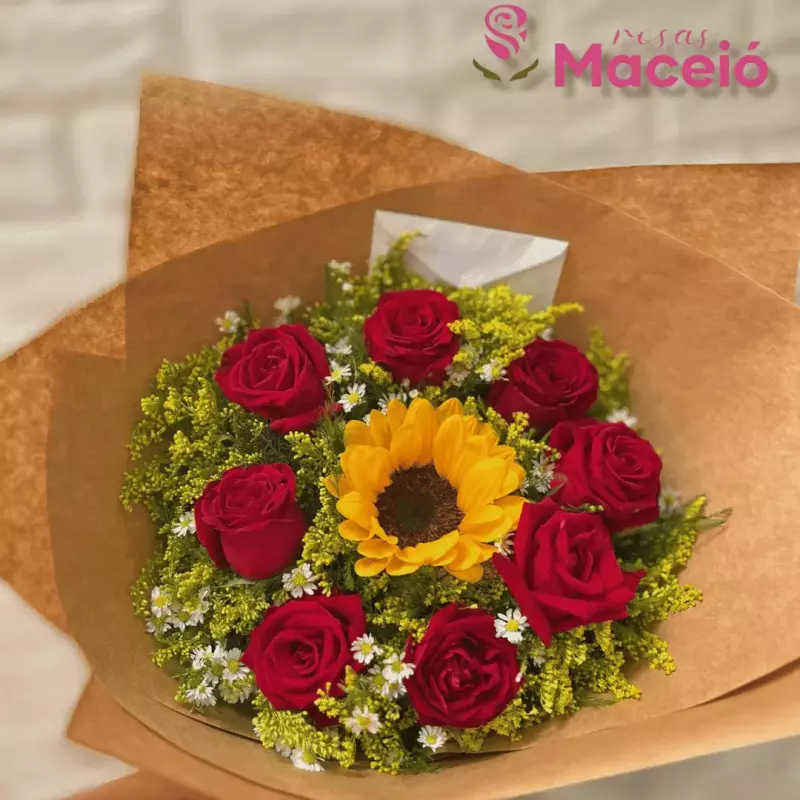 Buquê 8 rosas vermelhas e 1 girassol