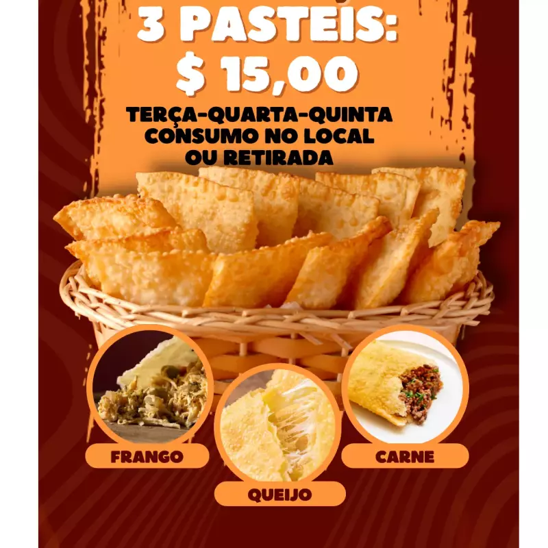 3 Pastéis: Frango-Queijo-Carne