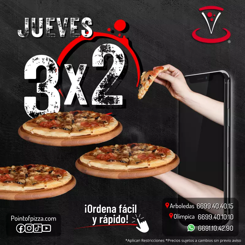 ¡HOY JUEVES 3X2 PIZZAS MEDIANAS!🍕🚩