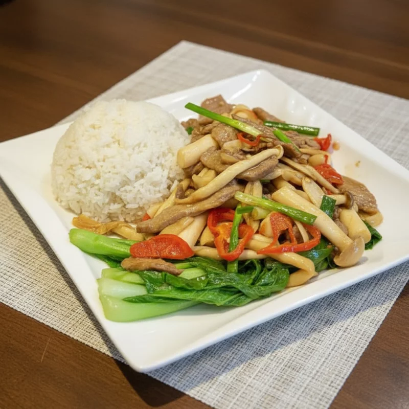 ARROZ CON PUERCO HONGO MIXT 快餐杂菇炒肉片饭
