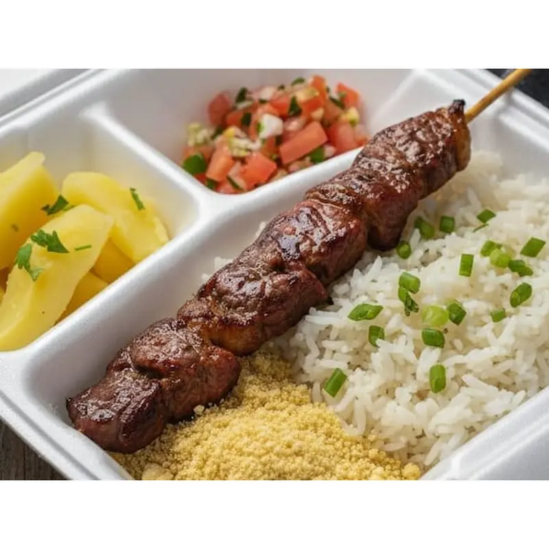 Janta do Poder: Arroz Branco + Mandioquinha Cremosa + 1 Espetinho + Vinagrete