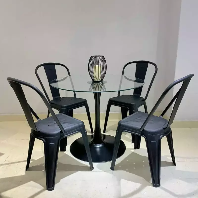 Mesa tulip vidrio90cm+4 sillas Tolix