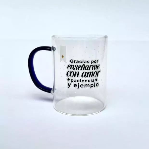 Vaso transparente con oreja azul