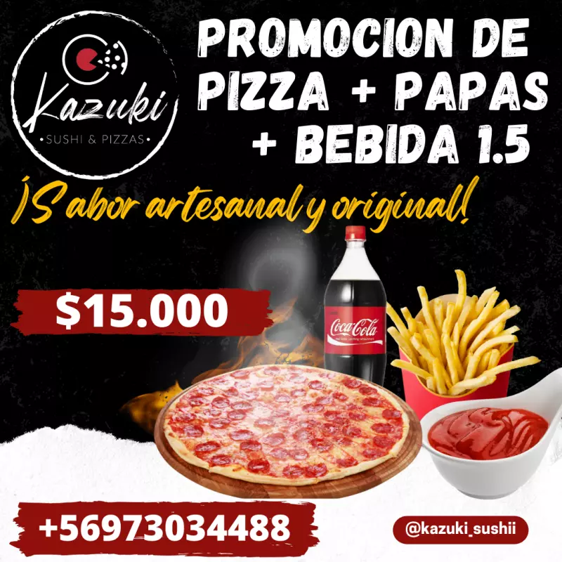 Pizza mediana + bebida + Papas
