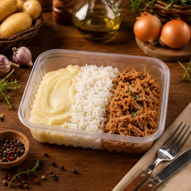 Pernil Desfiado Purê de Batata Arroz