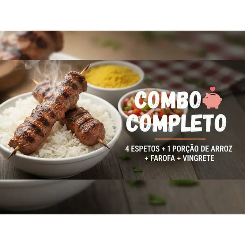 Janta Completa: 4 Espetos + Arroz Branco + Farofa + Vinagrete
