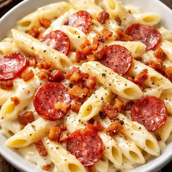 Penne Molho Bechamel c bacon e calab