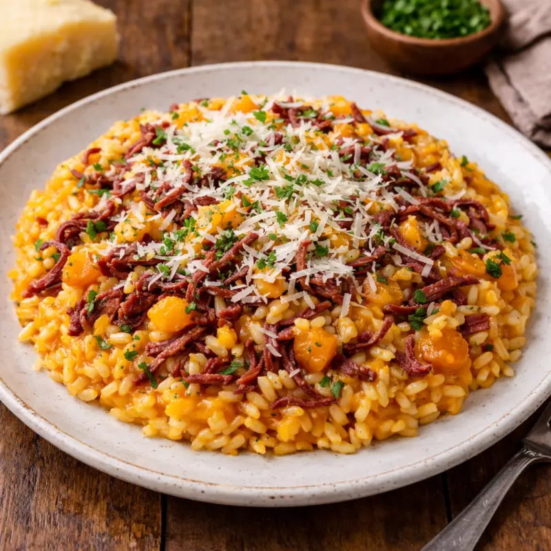 Risoto de abóbora com carne seca e p