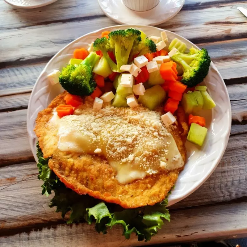 Pechuga a la parmesana con verduras al vapor