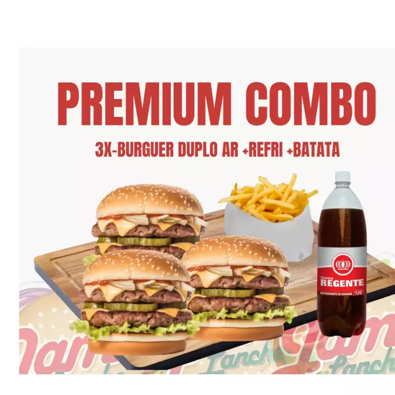 3X-BURGUER DUPLO AR +REFRI +BATATA