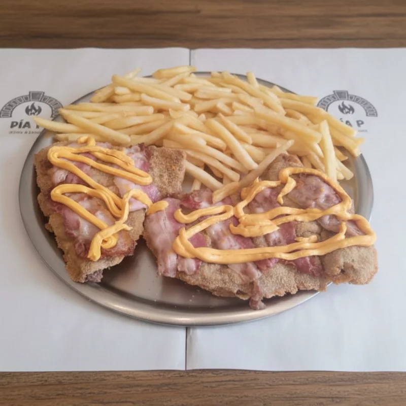Mila de carne con cheddar,panceta +fritas