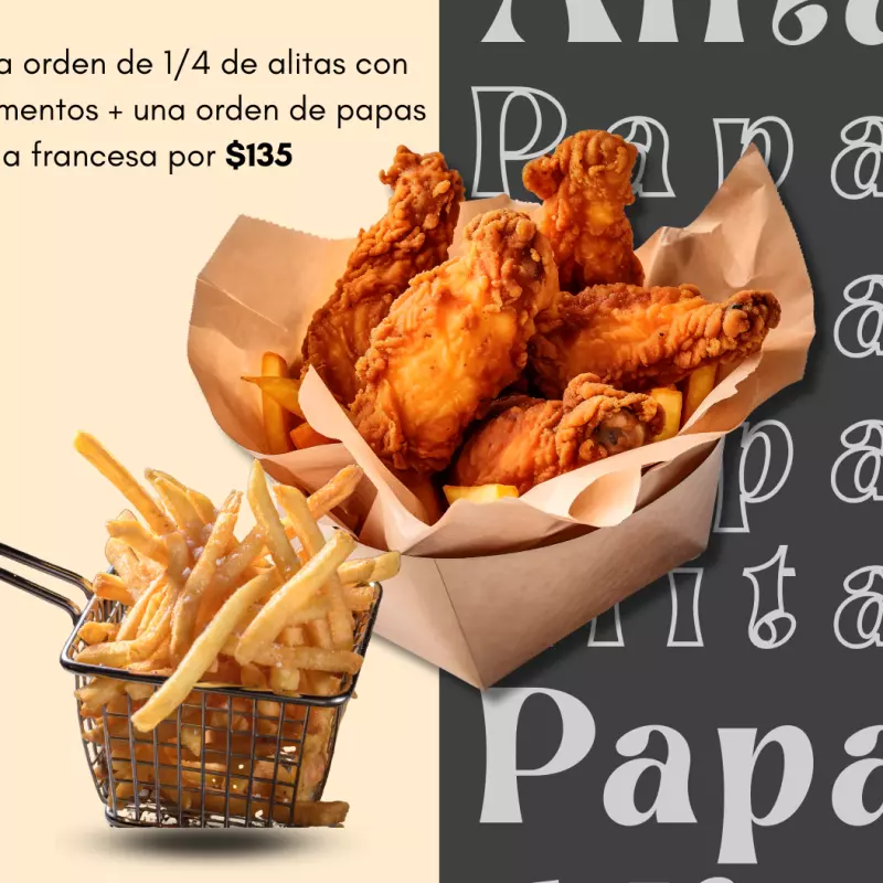 1/4 alitas + papas