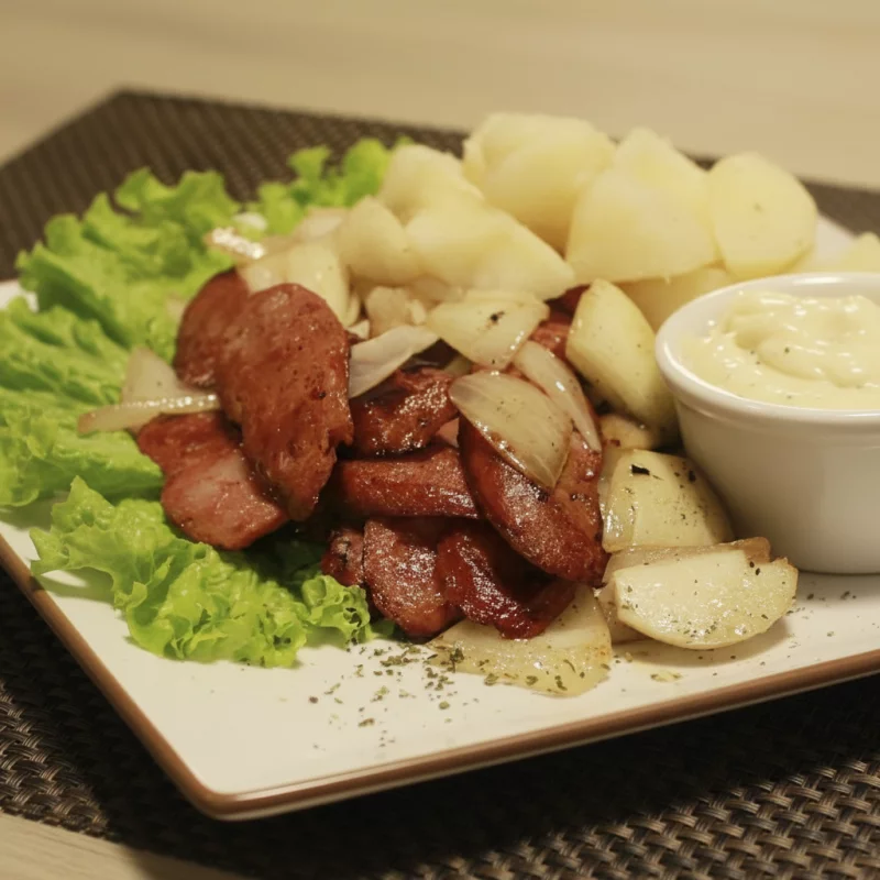 Calabresa acebolada com mandioca