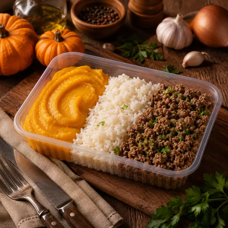 Carne Moída, Purê Abóbora e Arroz