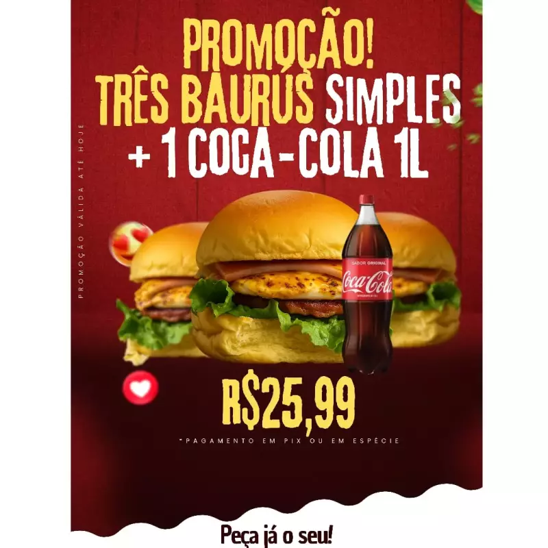 PROMO 3 baurus simples + Coca Cola1L