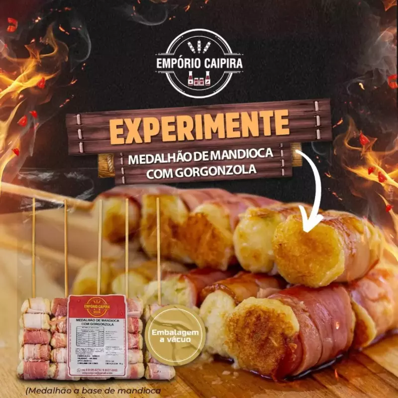 MEDALHÃO MANDIOCA GORGONZOLA E BACON