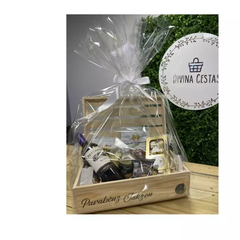 Cesta madeira e vinho