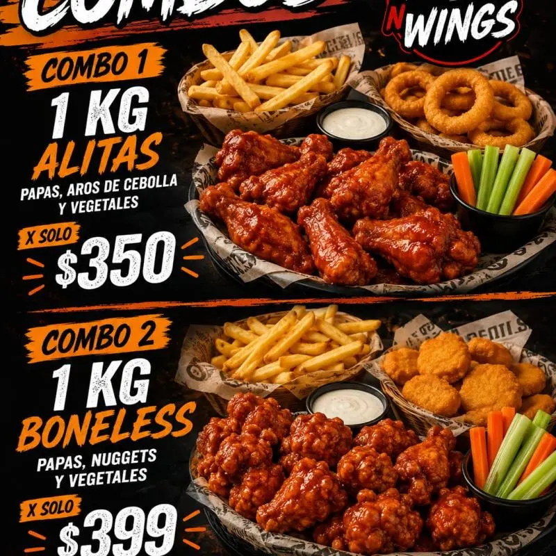 1 kg alitas, papas , aros y vegetale