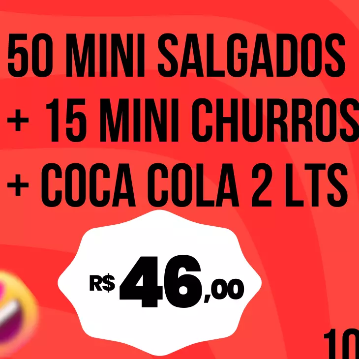 50 salgados + 15 churros + Coca 2L