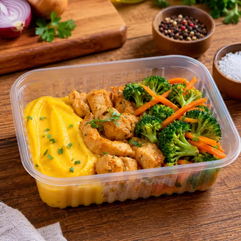 Frango, Purê de Mandioquinha,Legumes