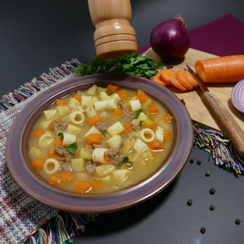 CARNE COM LEGUMES E MACARRÃO