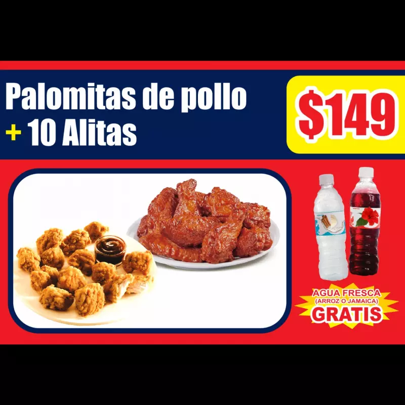 10 alitas adobadas+palomitas pollo