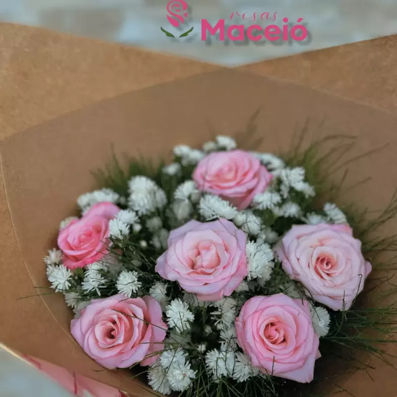 Buquê com 6 rosas na cor rosa