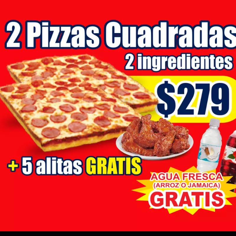 Pizzas Cuadraditas + 5 Alitas GRATIS