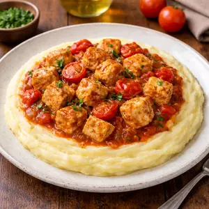 Cubinhos de frango com tomate e purê