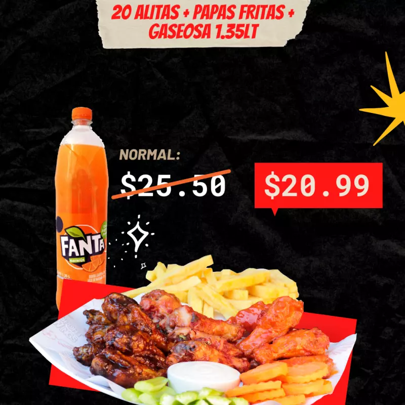SOLO HOY! 20 ALITAS + GASEOSA 1.35LT