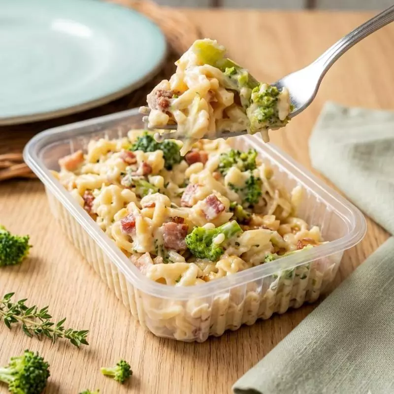 Risoni cremoso com bacon e brócolis