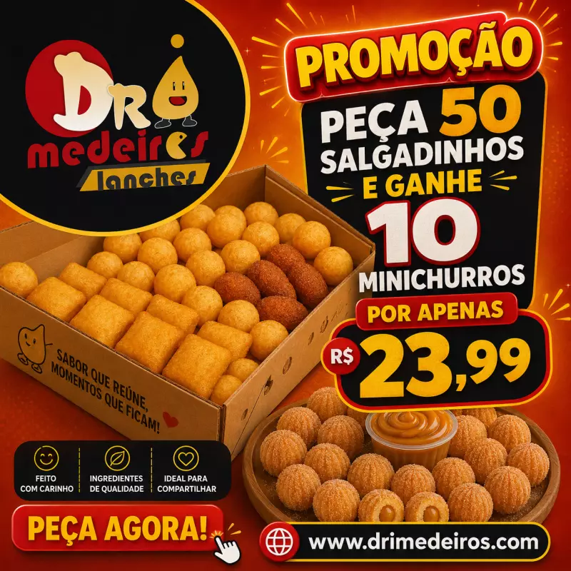 50 salgados + GRÁTIS 10 minichurros