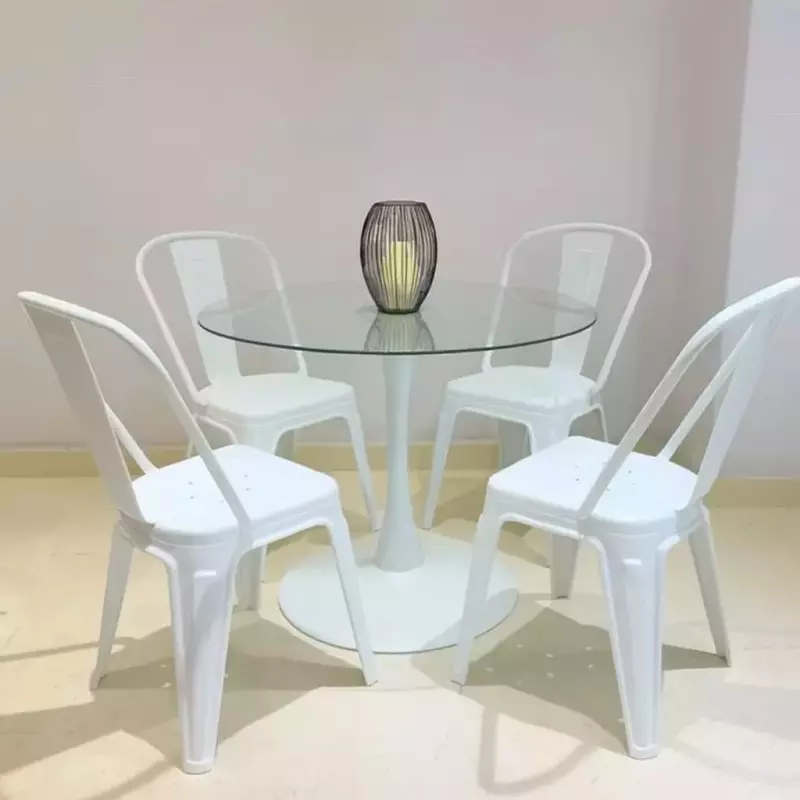 Mesa tulip vidrio90cm+4 sillas Tolix