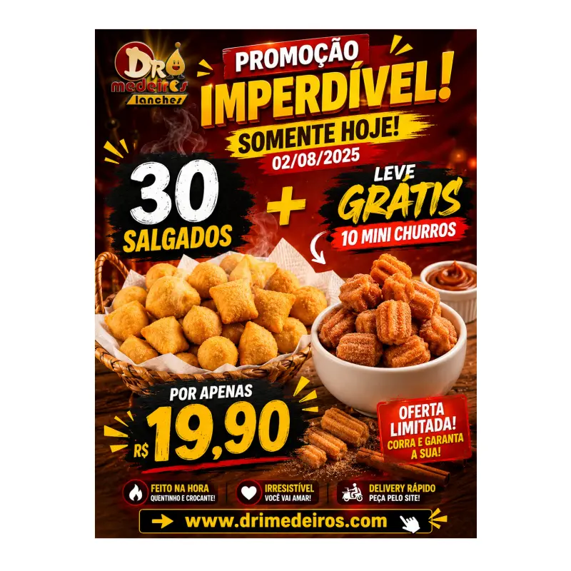 30 salgados + GRÁTIS 10 minichurros
