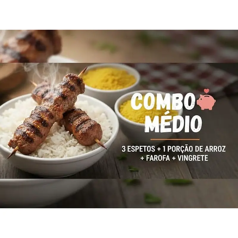 Jantar Médio: Arroz Branco + Farofa Crocante + 3 Espetos