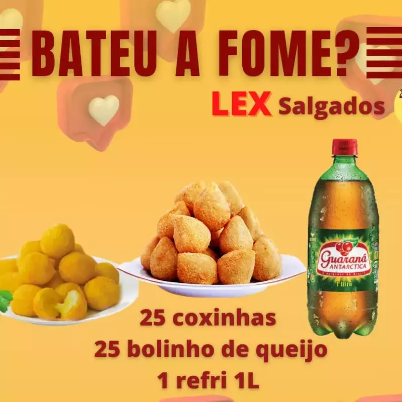 25 coxinhas + 25 bolinho de queijo + refri 1L