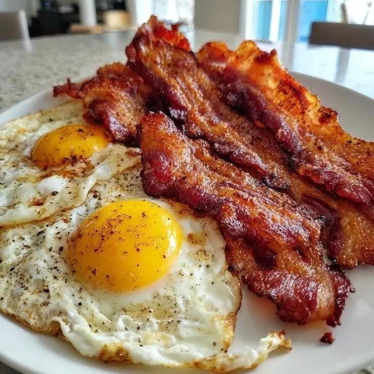 Fried eggs and crispy bacon
